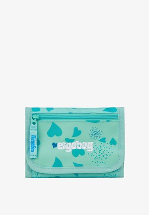 Light blue wallet with teal heart patterns, zipper pocket, and "ergobag" logo embroidered in white on front flap.