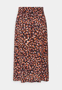 Jupe midi noire avec une taille élastique, ornée d'un motif floral à pois irréguliers orange, blanc et rouge.