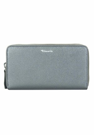 Gray leather wallet with a textured surface, zip closure, and a silver logo. Sleek, rectangular design with a smooth zipper pull.
