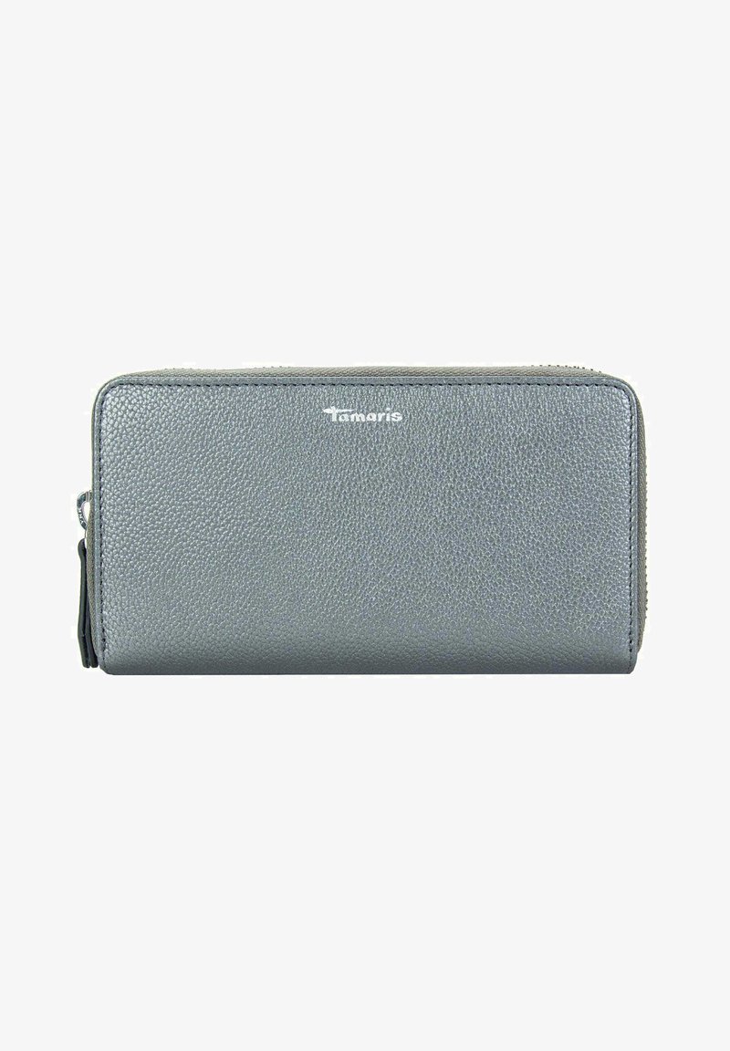 Gray leather wallet with a textured surface, zip closure, and a silver logo. Sleek, rectangular design with a smooth zipper pull.
