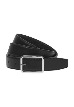 Black leather belt with a rectangular silver buckle, featuring a smooth texture, multiple holes for adjustment, and detailed stitching.