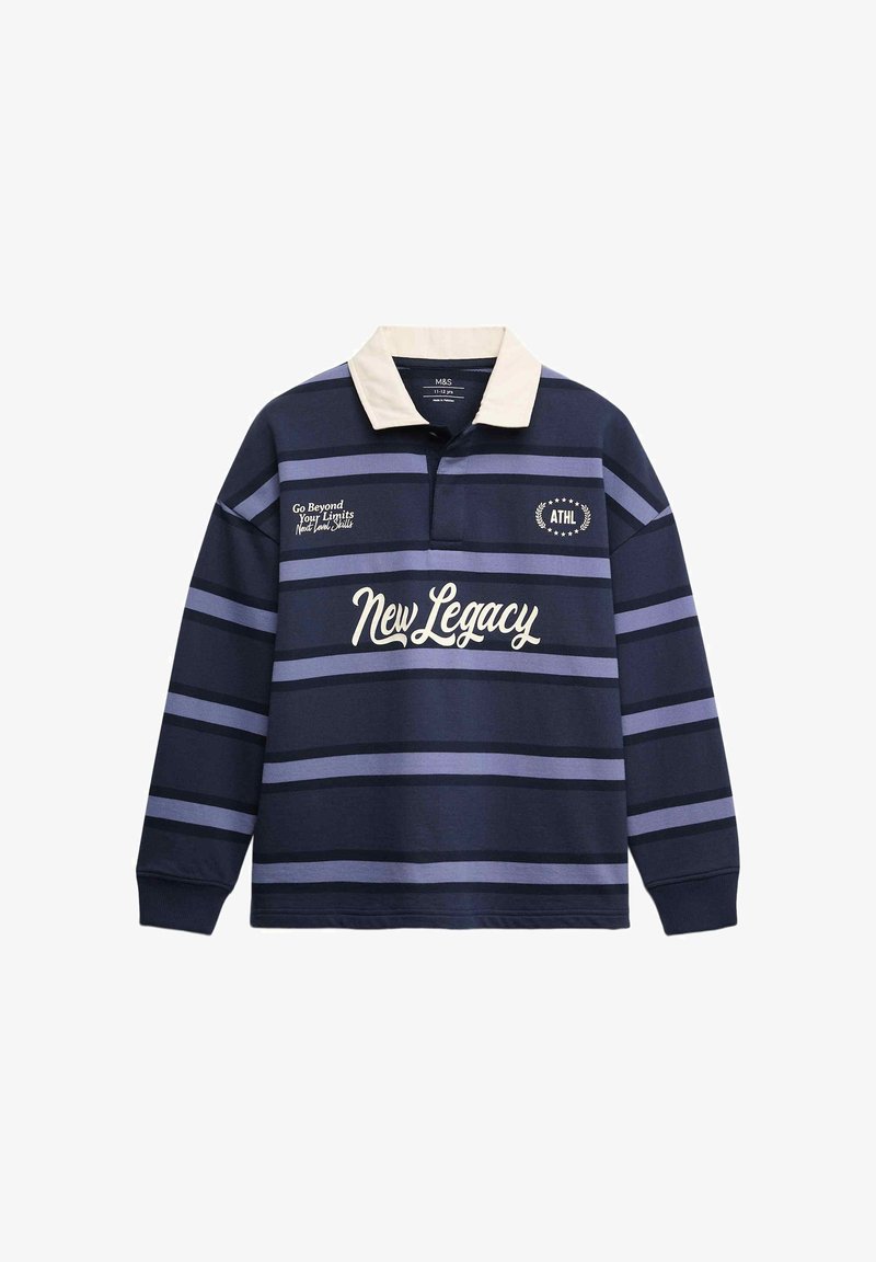 Chemise de rugby à manches longues rayée bleu marine et violet avec col blanc, arborant les inscriptions "New Legacy", "ATHL" et un texte motivant sur la poitrine.