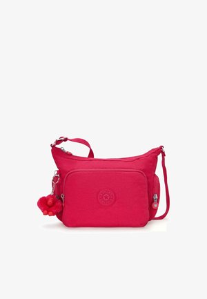 Rosa stof crossbody tas med en tekstureret overflade, en forreste lynlåslomme, et logo-patch og en fluffy abe-nøglering vedhæftning.