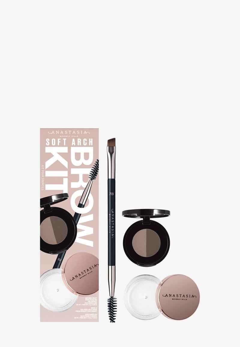 An eyebrow kit with dual powder shades, clear wax, and a dual-ended angled brush and spoolie for applying and shaping brows.