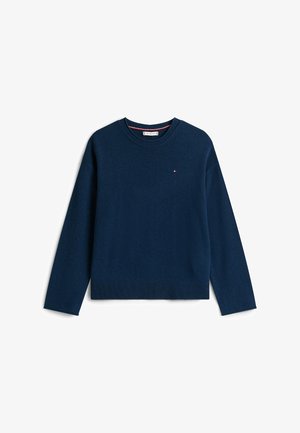 Marineblauer, langärmeliger Rundhals-Pullover mit geripptem Saum und kleinem Tommy Hilfiger-Logo auf der Brust, vor einem weißen Hintergrund dargestellt.
