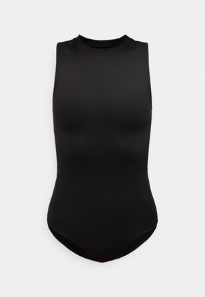 Mouwloze zwarte body met hoge ronde halslijn en aansluitende silhouet, gepresenteerd tegen een effen lichte achtergrond.