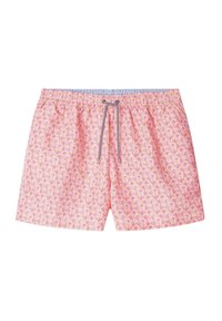 Costumi da bagno di un rosa chiaro con un motivo ripetuto di palme. Vita con cordoncino e accenti grigi, dotata di una cintura elastica. Tessuto leggero.