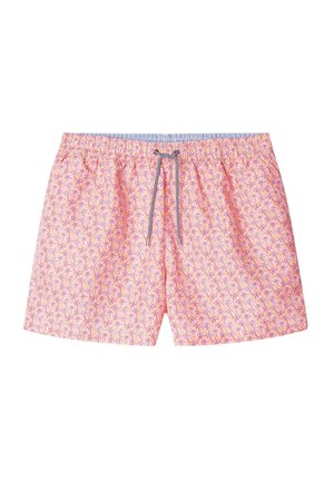 Spodenki kąpielowe w jasnym różu z powtarzającym się wzorem palm. ściągacz w talii z szarymi akcentami oraz elastyczna talia. Lekka tkanina.