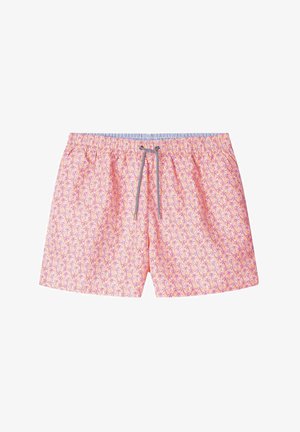 Bañador en rosa claro con un patrón repetido de palmeras. Cintura con cordón y detalles en gris, además de una banda elástica. Tela ligera.