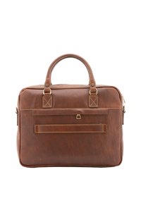 Sac à ordinateur en cuir marron avec deux poignées supérieures, finitions dorées et fermeture à glissière. Comprend une poche avant avec des détails de couture.