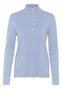 Šviesiai mėlynas zip-up megztinis su aukštu kaklu, turintis reljefo tekstūrą ir sidabrinį užtrauktuką. Ilgos rankovės ir prigludęs dizainas.