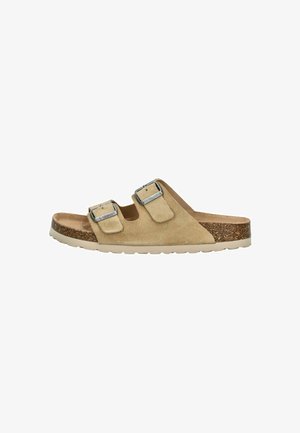 Tan suedine slidesandalen met twee verstelbare banden en metalen gespen. Kurken tussenzool met een rubberen buitenzool voor grip en comfort.