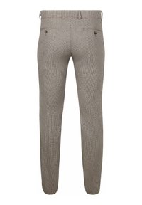 Op maat gemaakte broek, lichtgrijs met een geëngineerd houndstooth patroon, twee achterzakken en lussen voor een riem. Rechte ontwerpen met een platte voorkant.