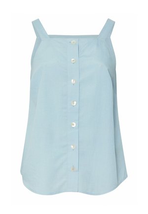 Light blue sleeveless top with a button front, made of a smooth fabric. Features a loose fit and small, round, white buttons.