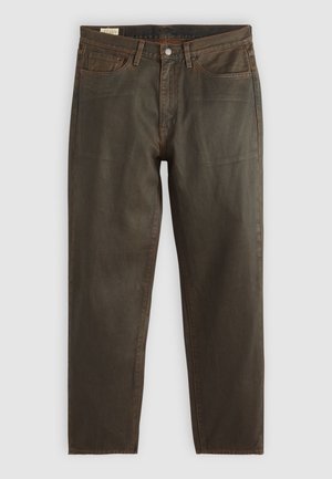 Jeans de mezclilla verde oscuro con corte recto, con costuras de cobre, un diseño clásico de cinco bolsillos y cierre de botón.