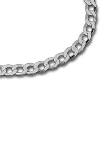 Collier en métal argenté avec des maillons ovales entrelacés, finition polie et texture lisse et réfléchissante.