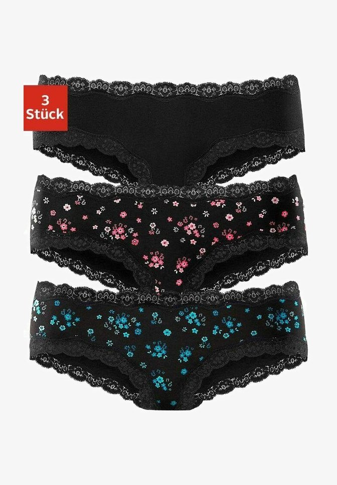 Three pairs of black underpants with lace trim, one solid, one with pink floral pattern, and one with blue floral pattern.