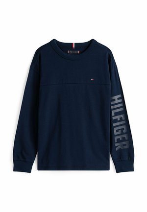 Navyblauwe katoenen t-shirt met lange mouwen, voorzien van een ronde hals, aansluitende manchetten en "HILFIGER" in het grijs afgedrukt langs de rechtermouw.
