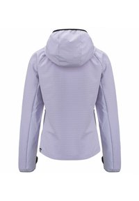 Giacca impermeabile viola chiaro con motivo a griglia testurizzato, cappuccio regolabile, maniche lunghe e polsini elastici. Vista posteriore mostrata.