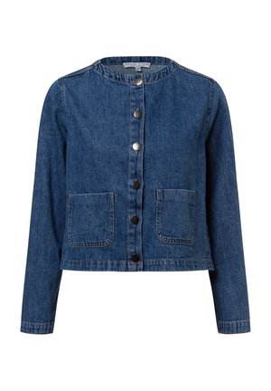Blue denim jacket with a rounded neckline, front button closure, long sleeves, and two patch pockets. Features contrast stitching and silver buttons.