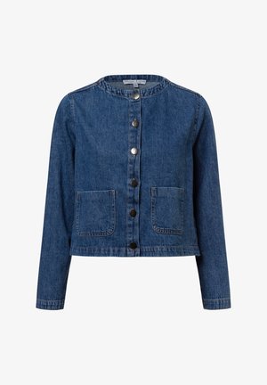 Blue denim jacket with a rounded neckline, front button closure, long sleeves, and two patch pockets. Features contrast stitching and silver buttons.