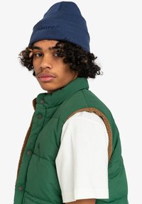 Gilet verde in stile piumino con foderatura in pile marrone, dotato di bottoni neri. Abbinato a una t-shirt bianca e a un berretto lavorato a maglia blu sulla testa di un modello.