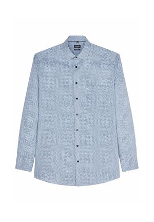 Lichtblauw overhemd met lange mouwen, klein donker geometrisch patroon, puntige kraag en zwarte knopen aan de voorkant.