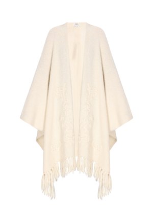 Kremowy poncho wykonane z miękkiego materiału, z otwartym przodem i misternym haftem kwiatowym. Frędzle na dole dodają tekstury i detali.