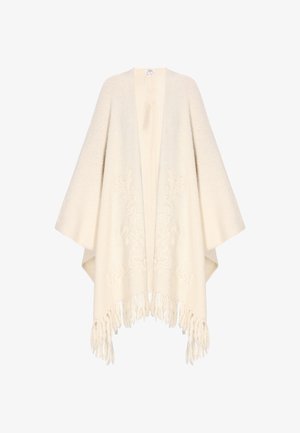 Cream-colored poncho made of soft fabric, featuring an open front and intricate floral embroidery. Fringed hem adds texture and detail.