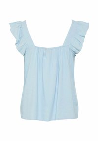 Blusa azzurro chiaro con spalline arricciate, tessuto morbido, vestibilità ampia e scollo elastico arricciato. Tessuto liscio senza fantasie.