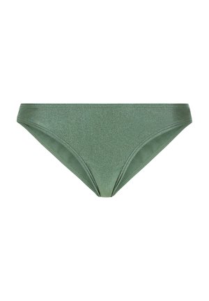 Groene bikini onderkant met een sprankelende textuur, low-rise ontwerp, gladde randen en een minimalistische stijl. Ideaal voor zwemkleding.