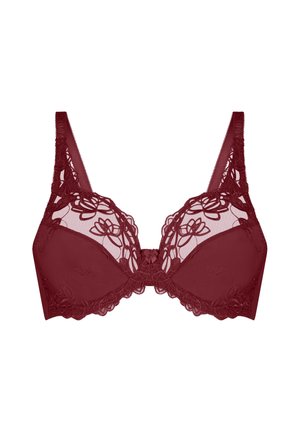 Bordo čipkasti grudnjak s cvjetnim vezom, s potporom žice, prozirnim gornjim čašama i podešivim naramenicama. Teksturirani detalj oko osnove.