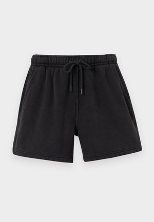 Zwarte casual shorts met elastische tailleband en trekkoord, voorzien van zijzakken en eenvoudige zoomstiksels.
