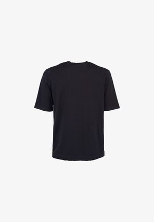 Maglietta nera a maniche corte vista da dietro, design semplice con una piccola etichetta sulla cucitura laterale inferiore.