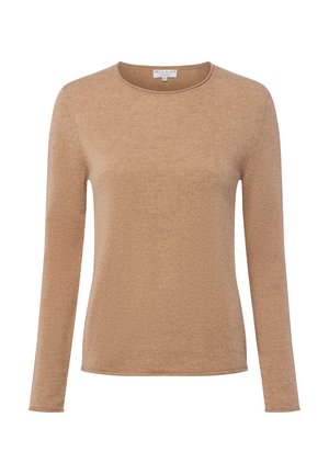 Beige long-sleeve sweater made of soft knit material, featuring a round neckline and a minimalistic design with a smooth texture.