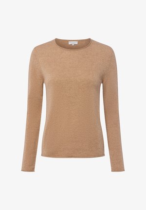 Beige trui met lange mouwen van zacht breimateriaal, met een ronde halslijn en een minimalistisch ontwerp met een gladde textuur.