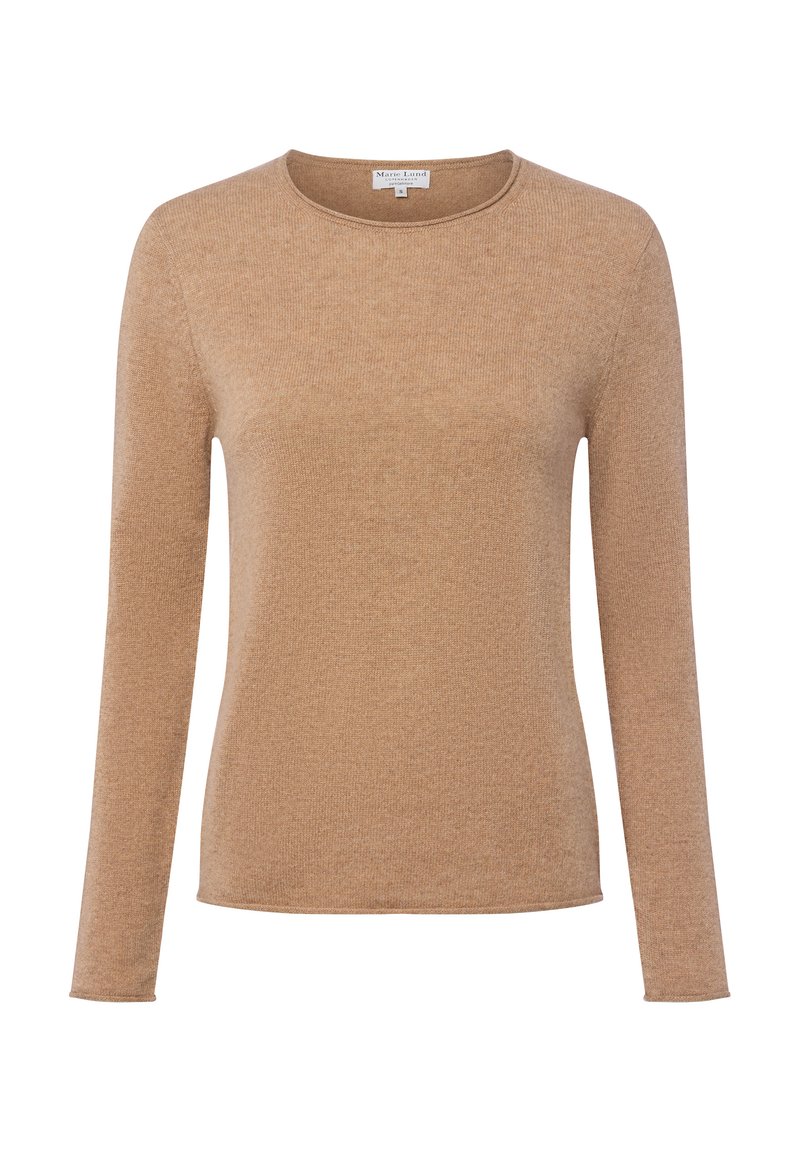 Beige trui met lange mouwen van zacht breimateriaal, met een ronde halslijn en een minimalistisch ontwerp met een gladde textuur.