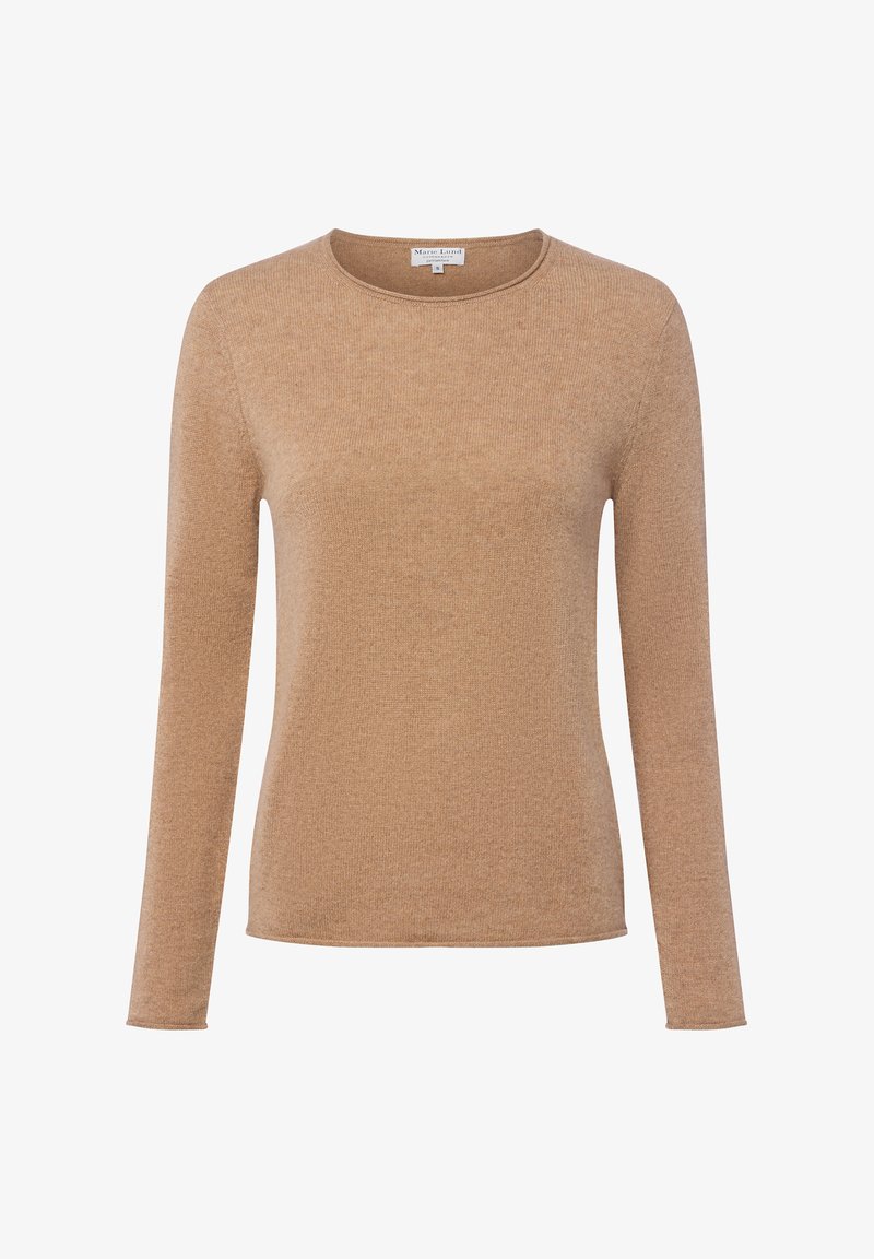 Beige Langarmpullover aus weichem Strickmaterial, mit Rundhalsausschnitt und einem minimalistischen Design mit glatter Textur.