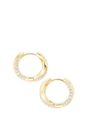 Small gold hoop earrings with a row of embedded clear gemstones along the outer edge, displayed on a white background.