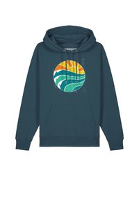 Teal hoodie met een kangoeroezak, voorzien van een ronde grafiek van een zon en golven in oranje, geel en turquoise. Verstelbare koorden.