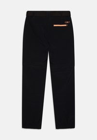 Mustad mustad välispüksid, mis on valmistatud kergest kangast, millel on elastne vöökoht, tagaküljel olev tasku oranži tõmblukuga ja elastsed mansetid pahkluude juures.
