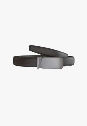Black leather belt with a smooth texture, featuring a metallic silver rectangular buckle and a sleek, minimalist design.