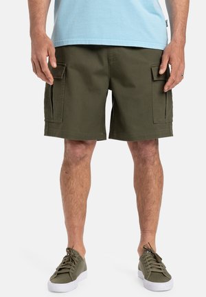 Pantalones cortos cargo de color verde oliva con bolsillos laterales, de material de algodón y de corte recto; combinados con zapatillas grises y una camiseta de color azul claro.