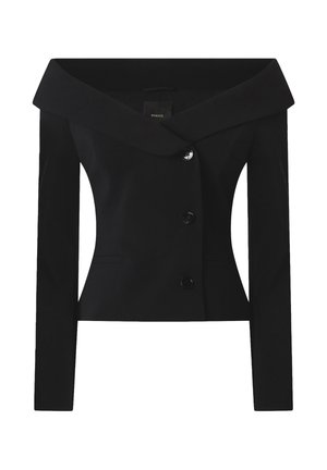 Giacca corta nera con ampio colletto scivolato sulle spalle. Caratterizzata da maniche lunghe, vestibilità sartoriale e tre grandi bottoni neri sul davanti.