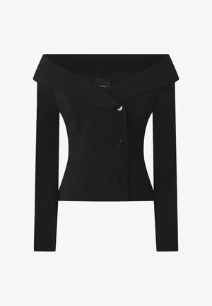 Giacca corta nera con ampio colletto scivolato sulle spalle. Caratterizzata da maniche lunghe, vestibilità sartoriale e tre grandi bottoni neri sul davanti.