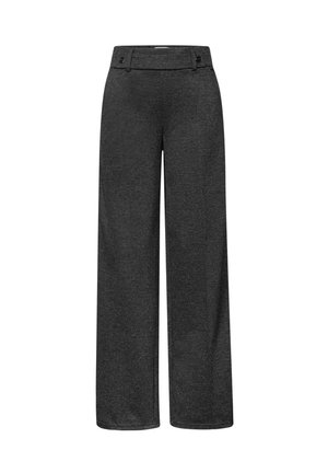 Pantalons large gris foncé en tissu texturé. Dotés d'une taille plate avec deux boutons et d'une silhouette ample et fluide.