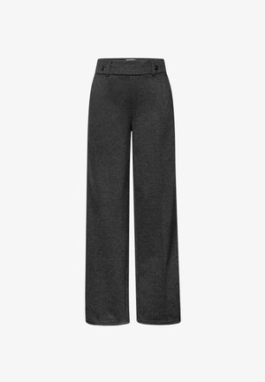 Pantaloni a gamba larga di un grigio scuro realizzati in tessuto testurizzato. Presentano un elastico in vita con due bottoni e una silhouette ampia e fluida.