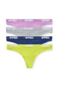 Quatre strings pliés en rose, gris, marine et jaune néon, chacun avec une ceinture PSD marquée.