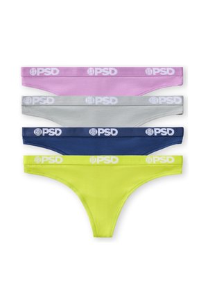 Ung kvinne med langt mørkt hår iført en neongul sports-bh og matchende truse med hvite PSD-logo bånd mot en ensfarget bakgrunn.