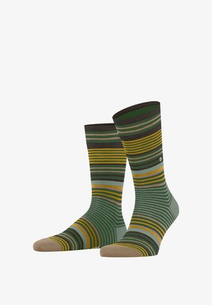 Calzini a righe con colori verde, marrone e giallo, con una punta in tinta contrastante color cammello. Realizzati in un materiale morbido e testurizzato per garantire comfort.